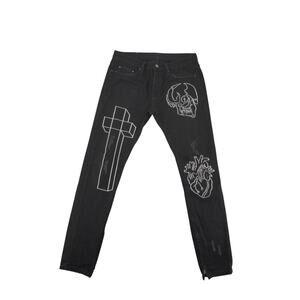 MNML Black Skull Cross Graphic Jeans Men’s 32 — Zip Hem Punk Goth Streetwear